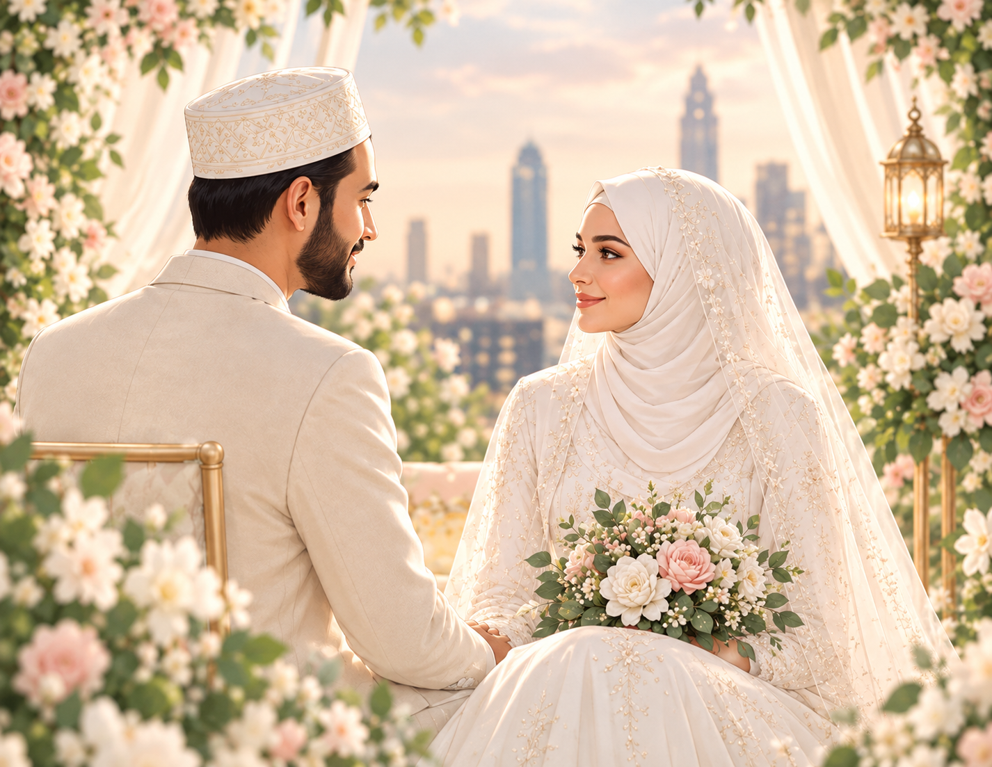 A bride and groom smiling at each other